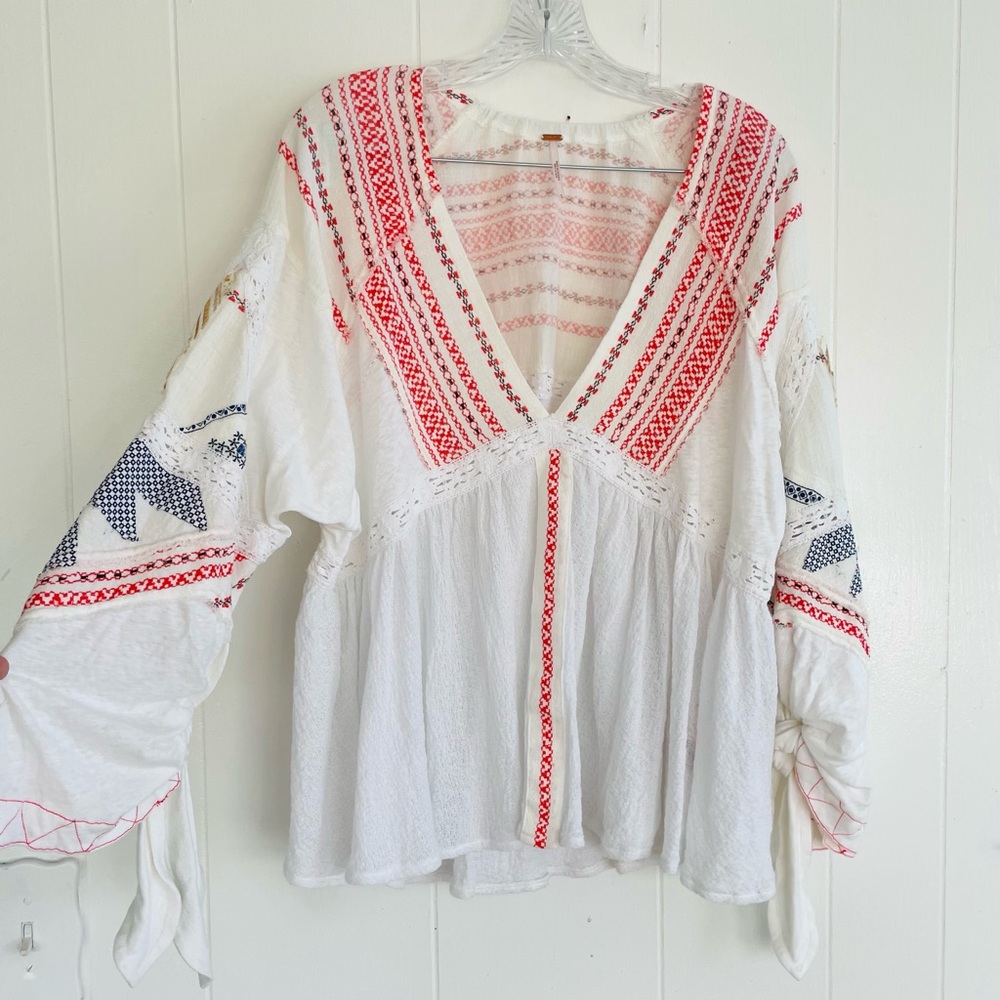 Free People embroidered peasant top tie sleeves